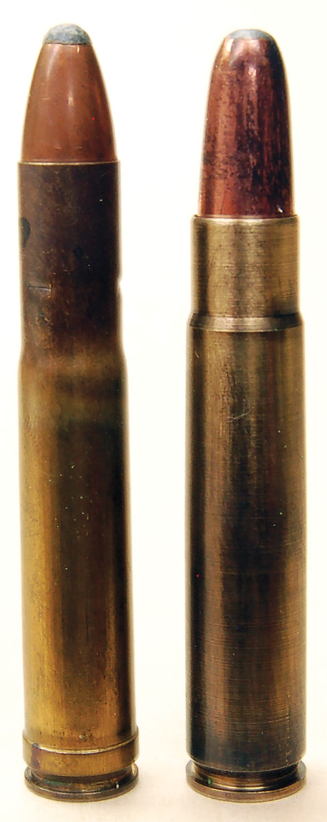 The H&H 400/375 Belted Nitro Express (left) came out just before the 9.5x56mm (right). It went nowhere, but H&H later copied the M-S round, calling it the .375 Rimless Nitro Express. It was loaded for years.